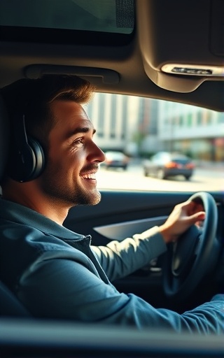 young professional driving, excited expression, exploring leasing cars, photorealistic, inside a sleek car on city roads, highly detailed, motion blur of passing buildings, high-speed shutter, vivid colors, directional sunlight, shot with a Sony FE 85mm f/1.4 GM lens