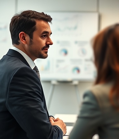 financial advisors, confident expression, explaining leasing finance, photorealistic, seminar room with whiteboard, highly detailed, graphs and charts, shallow depth of field, soft white lighting, shot with a Nikon AF-S NIKKOR 50mm f/1.8G lens