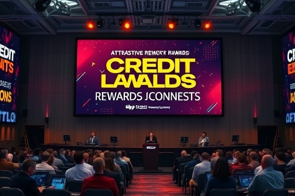 attractive credit benefits, persuasive, showcasing rewards on a large screen, photorealistic, technology-driven conference hall, highly detailed, scrolling digital banners, Ultra HD, vibrant hues, bright focused spotlights, shot with a 24mm lens.