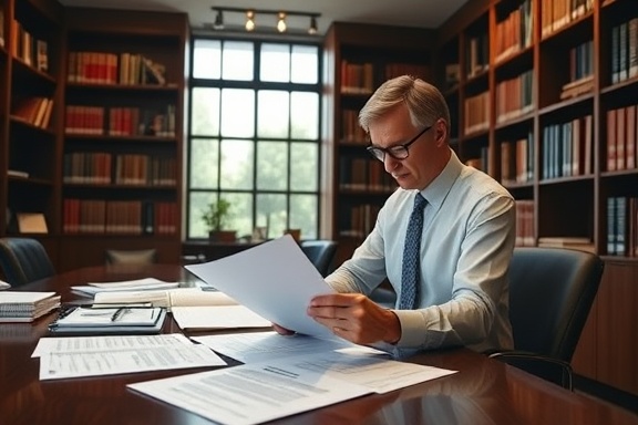 robust auto regulation design, authoritative, reviewing documentation, photorealistic, in a modern law office with bookshelves and a large desk, highly detailed, legal documents spread out, tack-sharp image, dark wood and cream, soft overhead lighting, shot with a 70-200mm lens.