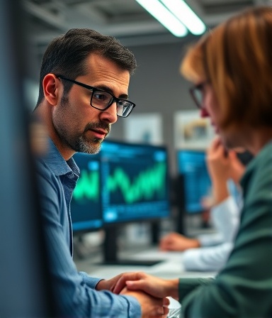 dedicated financing options analyst, focused expression, analyzing data, photorealistic, a modern office with financial charts and computer screens, highly detailed, animated discussions with clients, precise focus with background blur, cool tones, fluorescent lighting, shot with an 85mm lens.