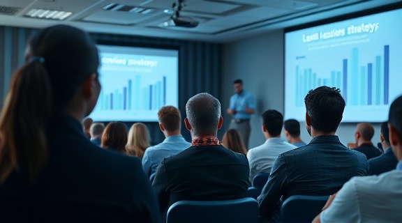 business workshop, engaging expression, presenting on leasing strategies, photorealistic, modern conference room with projection screen, highly detailed, audience focus, wide field of view, cool tones, overhead lighting, shot with a Tamron SP 24-70mm f/2.8 Di VC USD G2 lens