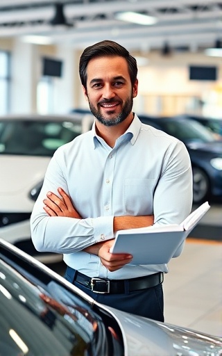 meticulous auto leasing manager, reassuring expression, presenting options to customers, photorealistic, in a stylish automotive showroom, highly detailed, car models and brochures around, reflective surfaces, crisp white and metallic colors, bright showroom lighting, shot with a 35mm lens