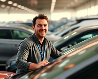 carefree car purchasing, thrilled expression, browsing vehicles, photorealistic, expansive outdoor car lot with diverse models, highly detailed, sunlight reflecting on polished surfaces, vibrant saturation, dynamic natural light, shot with a 24-70mm lens.
