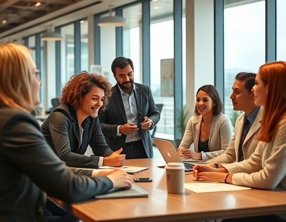 diverse team discussion, collaborative expression, exchanging ideas on leasing solutions, photorealistic, open plan office with glass walls, highly detailed, notes and laptops on tables, DSLR camera clarity, warm lighting, shot with a Sigma 35mm f/1.4 DG HSM Art lens