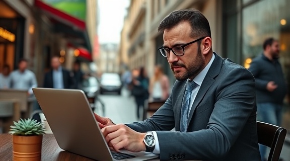 experienced auto finance broker, persuasive expression, closing a deal, photorealistic, bustling urban cafe setting, highly detailed, laptop and smartphone in use, dynamic pedestrian actions, vibrant street-side hues, morning sunlight, shot with a 50mm lens