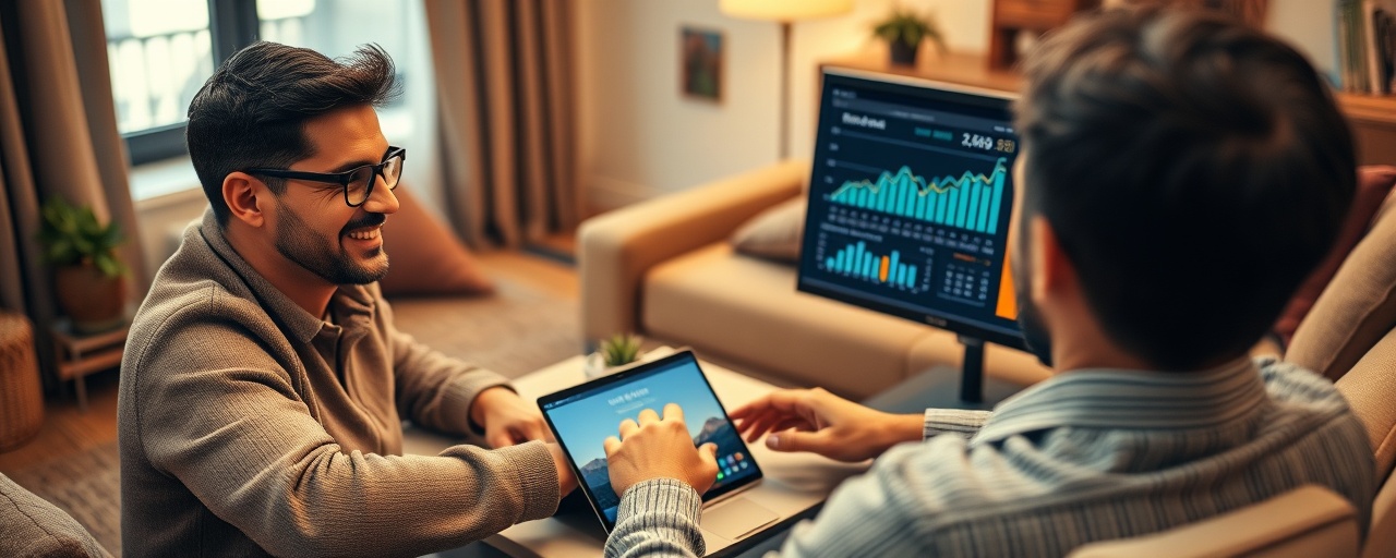 sleek finance calculator interface, satisfied customer, calculating monthly payments, photorealistic, in a cozy living room with a coffee table and laptop, highly detailed, dynamic graphs and charts on the screen, realistic textures, warm earth tones, soft ambient lighting, shot with a 35mm wide-angle lens