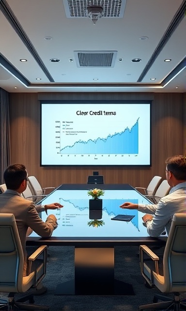 clear credit terms, informative, presenting a digital presentation, photorealistic, corporate boardroom with sleek furniture and screens, highly detailed, animated graphs in the background, 4k clarity, neutral colors, direct overhead lighting, shot with a wide-angle lens.