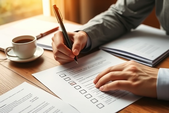 professional compliance checklist, organized, being ticked off, photorealistic, over a wooden desk with scattered documents and a cup of coffee, highly detailed, hands in action, crisp focus, warm earth tones, natural daylight streaming in, shot with an 85mm lens.