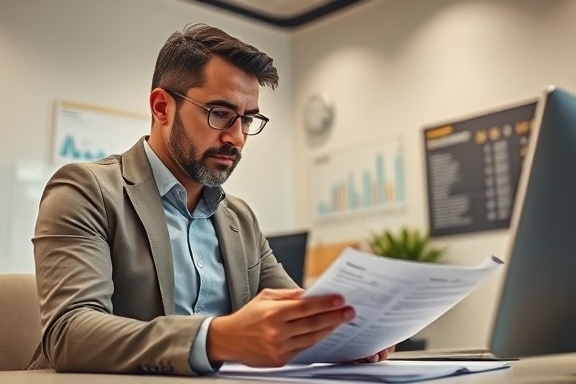 automobile finance program, focused banker, explaining loan details, photorealistic, a bright office with financial charts on the walls, highly detailed, customer looking over a contract, Sony A7 III, neutral beige tones, soft overhead lighting, shot with a 50mm lens.