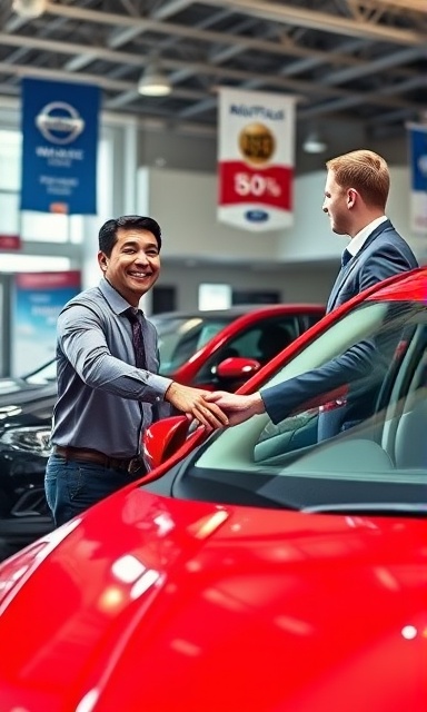 successful car dealership, thrilled buyer, shaking hands after deal closure, photorealistic, a bustling dealership with banners and offers, highly detailed, salesperson handing over keys, Fujifilm X-T3, shiny red car, direct sunlight, shot with a 35mm lens.