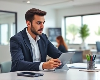 streamlined auto financing, contemplative expression, reviewing options, photorealistic, clean and minimal office design, highly detailed, tablet and smartphone on desk, clarity and precision, monochrome finish, soft ambient light, shot with a 50mm lens.