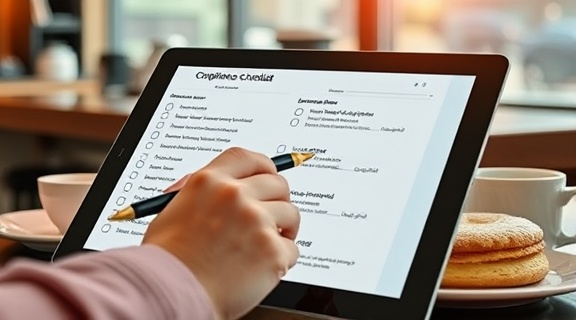 detailed compliance checklist, meticulous, being filled out electronically, photorealistic, on a tablet screen in a cozy coffee shop with pastries, highly detailed, stylus interaction visible, crisp digital clarity, pastel colors, warm morning light, shot with a macro lens.