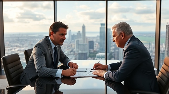 efficient franchise financing meeting, determined expression, closing a deal, photorealistic, a boardroom with a panoramic city view, highly detailed, productive discussion with documents and figures, vibrant hues, dramatic lighting, shot with a 16-35mm wide-angle lens.