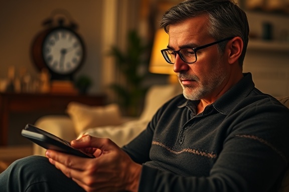 attentive loan calculator user, thinking, calculating numbers, photorealistic, inside a cozy living room with dim lighting, highly detailed, clock ticking sound, ISO 320, f/1.4, 24mm lens, warm yellow glow, shot with a Leica Summilux lens