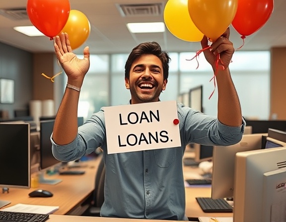 happy loan approval, joyful expression, cheering up, photorealistic, bank office with computers and paperwork, highly detailed, confetti and balloons, sharp contrast, warm tones, backlight effect, shot with a 50mm lens.
