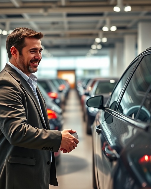 reliable car purchasing, confident expression, shaking hands, photorealistic, brightly lit showroom filled with cars, highly detailed, gleaming metal and glass, high depth of field, vibrant colors, ambient lighting, shot with an 85mm lens.