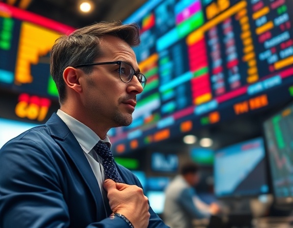 dynamic finance markets analyst, thoughtful expression, explaining complex trends, photorealistic, bustling trading floor environment, highly detailed, multiple monitors and stock tickers, blurred motion, vivid colors of digital screens, ambient workplace lighting, shot with a wide-angle lens