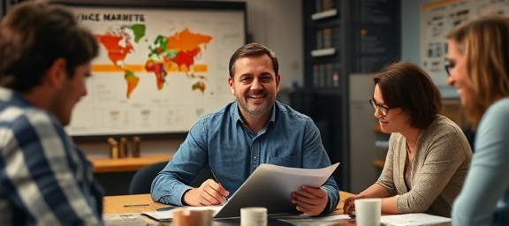 creative finance markets strategist, enthusiastic expression, brainstorming with a team, photorealistic, collaborative workspace filled with charts and mind maps, highly detailed, interactive gadgets in use, creative chaos, rich color contrasts, ambient office lighting, shot with a 35mm lens
