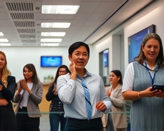 accessible loan approval, surprise expression, celebrating with colleagues, photorealistic, bank lobby with digital screens, highly detailed, people clapping and congratulating, crisp details, neutral palette, bright fluorescent lighting, shot with a 35mm lens.