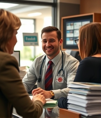 ambitious auto loan officer, friendly expression, assisting a client, photorealistic, in a cozy bank office with customer pamphlets, highly detailed, stacks of documents, soft depth of field, warm earth tones, natural light, shot with an 85mm lens