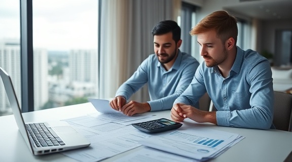 comprehensive vehicle financing plan, eager young couple, calculating monthly payments, photorealistic, modern home office with a view of the city, highly detailed, calculator and papers spread out on a desk, Panasonic Lumix GH5, serene whites and blues, natural morning light, shot with a 42.5mm lens.