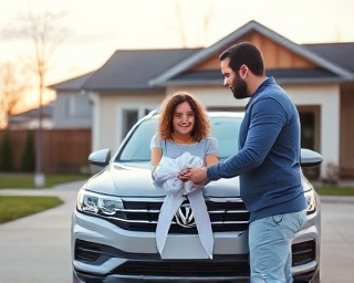 affordable car loan, delighted expression, hugging family members, photorealistic, new suburban home driveway, highly detailed, new car with a bow, medium depth of field, pastel hues, golden hour lighting, shot with a 70-200mm lens.