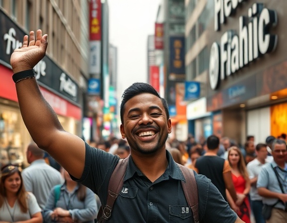 thriving franchise business, satisfied expression, celebrating success, photorealistic, an urban environment featuring thriving franchise chains, highly detailed, crowds of happy customers, crisp lines and texture, bright colors, high-key lighting, shot with a 24-70mm zoom lens.