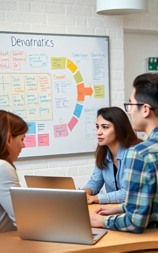 innovative financing solutions team, brainstorming expression, devising strategies, photorealistic, a collaborative workspace with idea boards and laptops, highly detailed, lively group interactions, rich contrasts and textures, pastel colors, ambient lighting, shot with a 28-105mm lens.