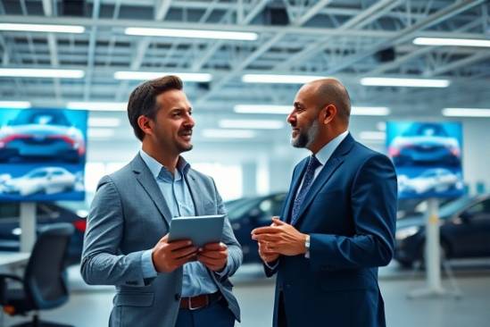 dedicated auto partner, engaged in conversation, holding a tablet, photorealistic, open office space, highly detailed, screens with car models rotating, aperture: f/4.0, color: corporate blue, lighting type: overhead fluorescent, shot with a 35mm lens.