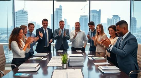 enthusiastic auto financing team, celebrating success, clapping hands, photorealistic, boardroom with city view, highly detailed, scatter of financial reports on the table, aperture: f/5.6, color: vibrant, lighting type: spot lighting, shot with a 85mm lens.
