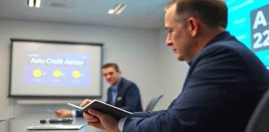 expert auto credit advisor, writing on a notepad, listening intently, photorealistic, conference room with a smart board, highly detailed, projection on the wall, aperture: f/2.2, color: neutral, lighting type: diffused LED light, shot with a 70-200mm lens.