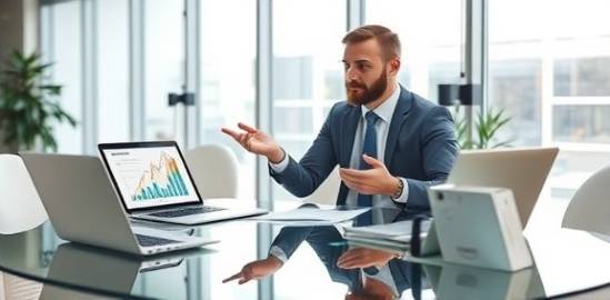 efficient auto financing consultant, explaining figures, pointing at charts, photorealistic, modern office with a glass table, highly detailed, laptops displaying graphs, aperture: f/4.5, color: grey and white, lighting type: ambient, shot with a 24mm lens.