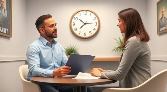 patient financing auto advisor, holding a document folder, offering clear explanations, photorealistic, small meeting room with a round table, highly detailed, clock showing 11 am, aperture: f/3.0, color: pastel, lighting type: softbox light, shot with a 85mm lens.