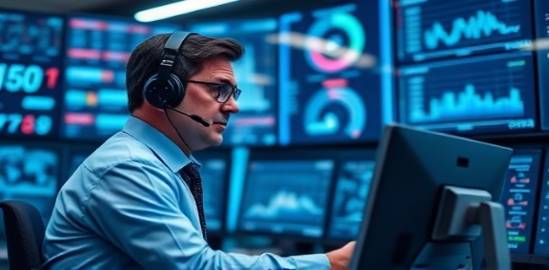 proficient auto partner executive, wearing a headset, analyzing data, photorealistic, control room with multiple monitors, highly detailed, each screen displaying a different statistic, aperture: f/2.8, color: cool blue tones, lighting type: LED strips, shot with a 50mm lens.
