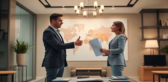 reliable financing partner team, exchanging contracts, giving a thumbs up, photorealistic, office lobby with a large map, highly detailed, coffee table with magazines, aperture: f/4.0, color: neutral, lighting type: chandelier light, shot with a 35mm lens.