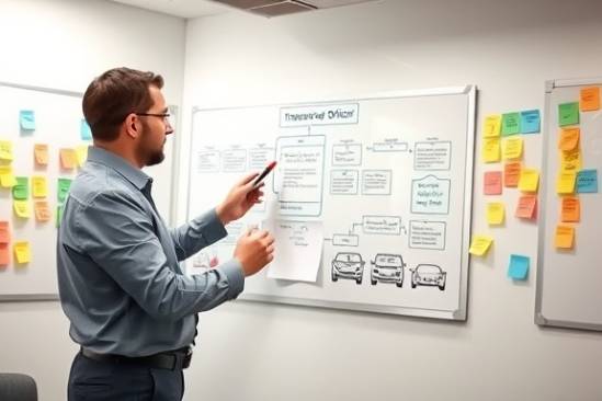 strategic auto financing officer, tracing a flowchart, pointing with a marker, photorealistic, brainstorming room with whiteboards, highly detailed, post-it notes stuck around, aperture: f/4.0, color: bright and energetic, lighting type: recessed lighting, shot with a 24mm lens.