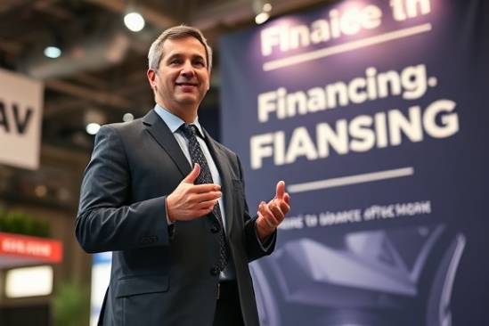 charismatic financing auto manager, standing confidently, delivering a pitch, photorealistic, trade convention booth, highly detailed, banner with branding, aperture: f/2.8, color: business-themed, lighting type: spotlight on speaker, shot with a 35mm lens.