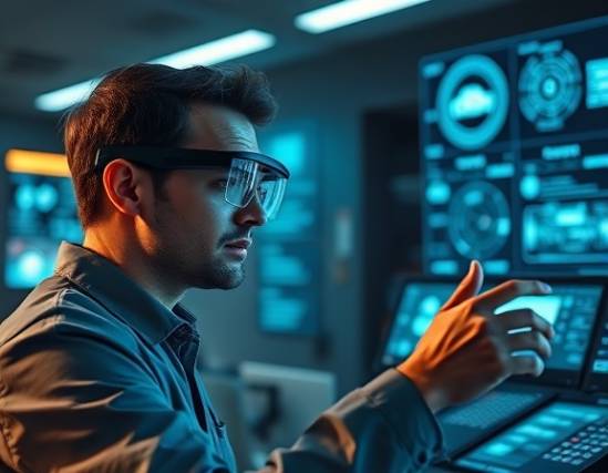 insightful auto partner analyst, using augmented reality glasses, examining holograms, photorealistic, futuristic office, highly detailed, interface projections on surfaces, aperture: f/2.0, color: high-tech, lighting type: holographic glow, shot with a 50mm lens.