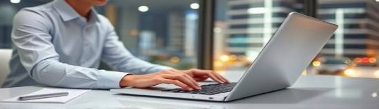 rational auto credit professional, negotiating terms, typing on a laptop, photorealistic, minimalist office with a view of city lights, highly detailed, reflection on the glass, aperture: f/3.0, color: white and silver, lighting type: soft overhead lights, shot with a 70-200mm lens.