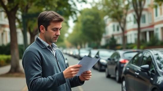 analytical auto loan applicant, hopeful, reading a letter, photorealistic, calm suburban street with parked cars, highly detailed, leaves rustling in breeze, ISO 150, f/1.6, 40mm lens, overcast sky lighting, shot with a Panasonic Lumix lens