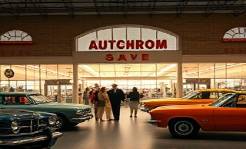 classic past automotive dealership, inviting, bustling with customers and salespeople in period attire, photorealistic, retro-styled building with large bay windows, highly detailed, vehicles lined up in showroom, rich warm colors, diffused lighting, shot with a standard 50mm lens