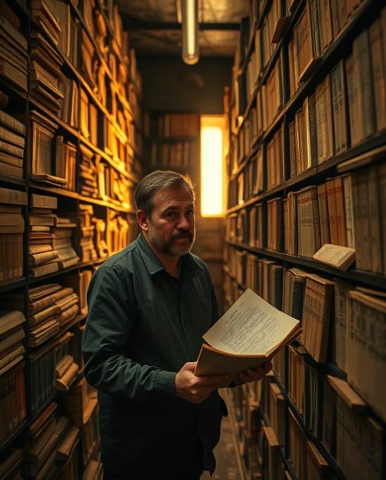 rare automotive records discovery, surprised, archivist retrieving documents from a dusty library shelf, photorealistic, dimly lit room with towering bookcases, highly detailed, aged paper textures and faint handwriting, muted earth tones, golden hour light filtering through window, shot with a telephoto lens